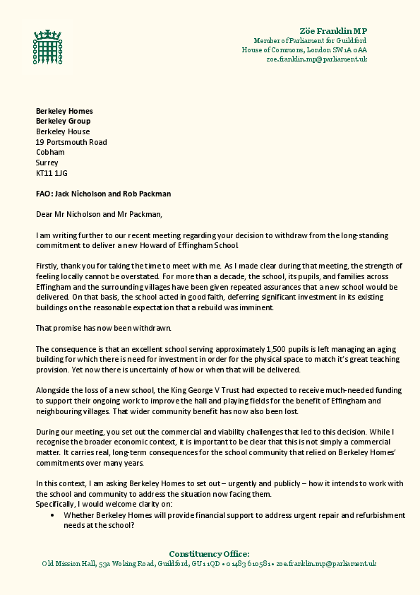 Letter from Zöe Franklin to Berkeley Homes regarding decision to withdraw from long-standing commitment to deliver a new Howard of Effingham School