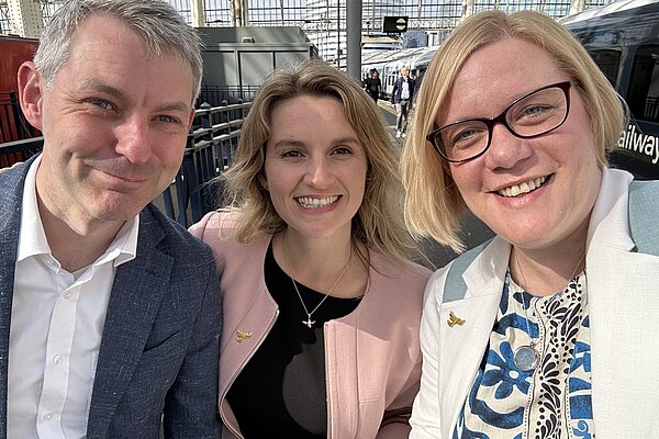 Zoe, Jess and Will at Waterloo Station on their first day as new MP's.