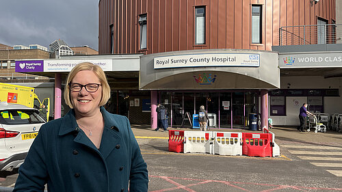 Zöe Franklin outside Royal Surrey County Hospital