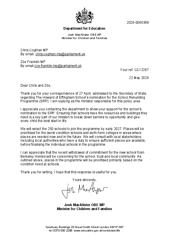 Letter from Minister MacAlister to Zoe re. Howard of Effingham