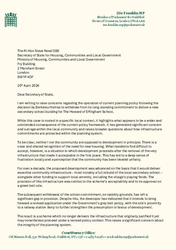 Zöe Franklin letter to Rt Hon Steve Reed OBE, Secretary of State for Housing, Communities and Local Government